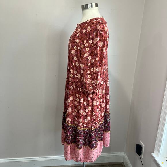 Knox Rose Floral Boho Tiered Midi Dress XXL 100% Rayon Pink Burgundy - Picture 2 of 10
